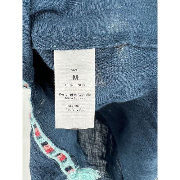 Seafolly Australia Blue Linen Embroidered Tassel Kaftan Cover Up Size Medium - Picture 3 of 6